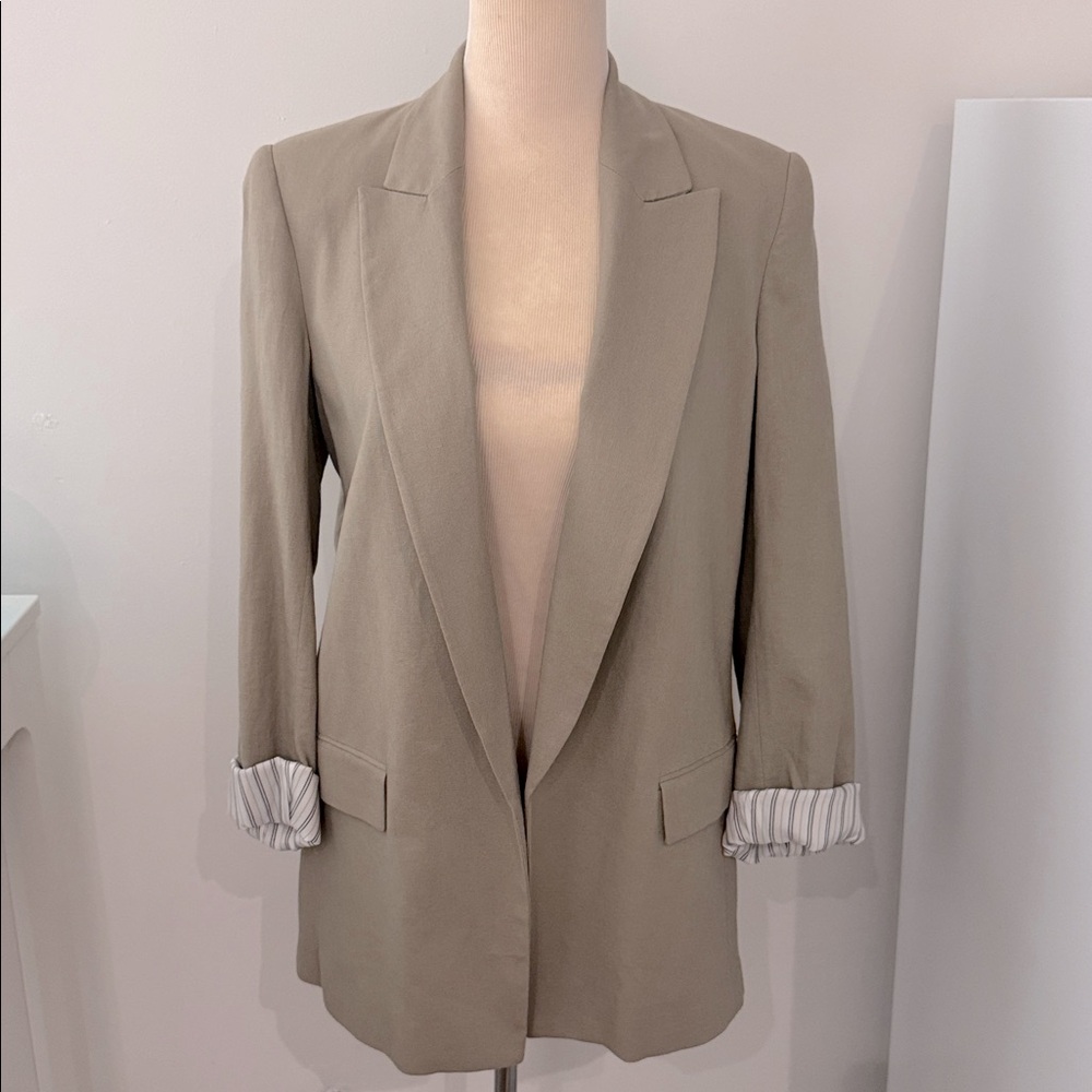 Zara Linen Blend Roll Up Sleeve Open Blazer with Striped Lining Small